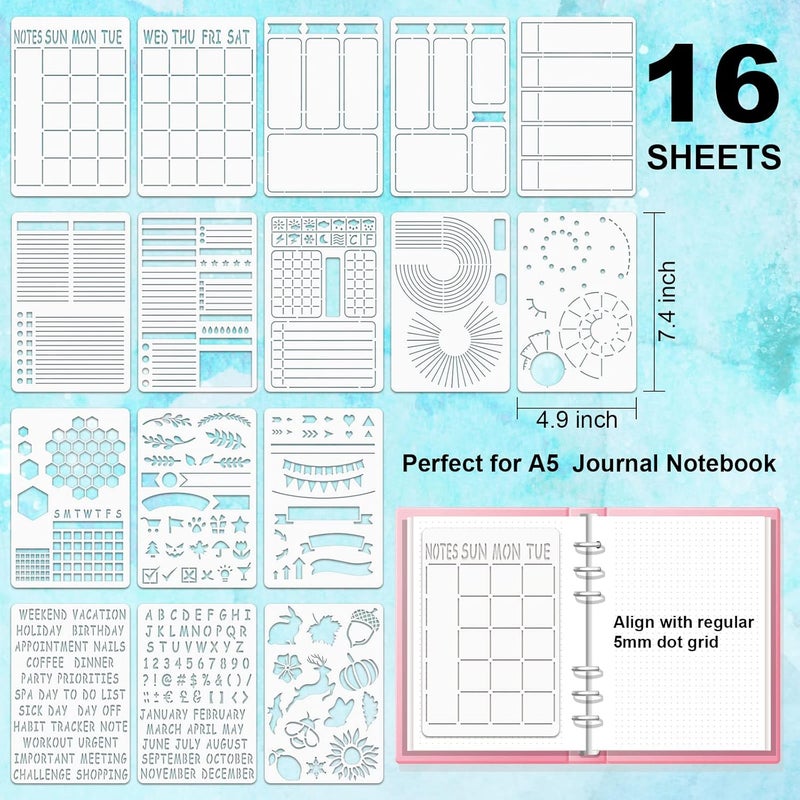 ALODNY 16 Pcs Journal Stencils Set - Time Saving Bullet Journaling Supplies/Accessories Kit -Ultimate Productivity Planner Stencil for Bullet Journal Stencils A5 Dotted Journals - Image 5